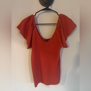 Halogen‎ Womens Coral Orange Ruffle Flutter Sleeve Ribbed Knit V-Neck Top Size M